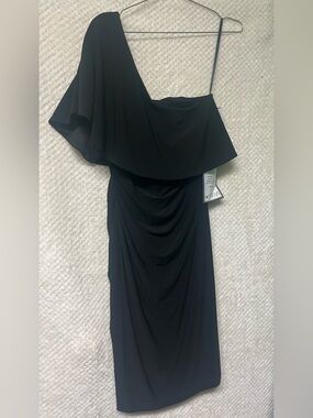 X By Xscape Sheath Dress One Shoulder Ruffle Knee Length Black Womens 10 NWT